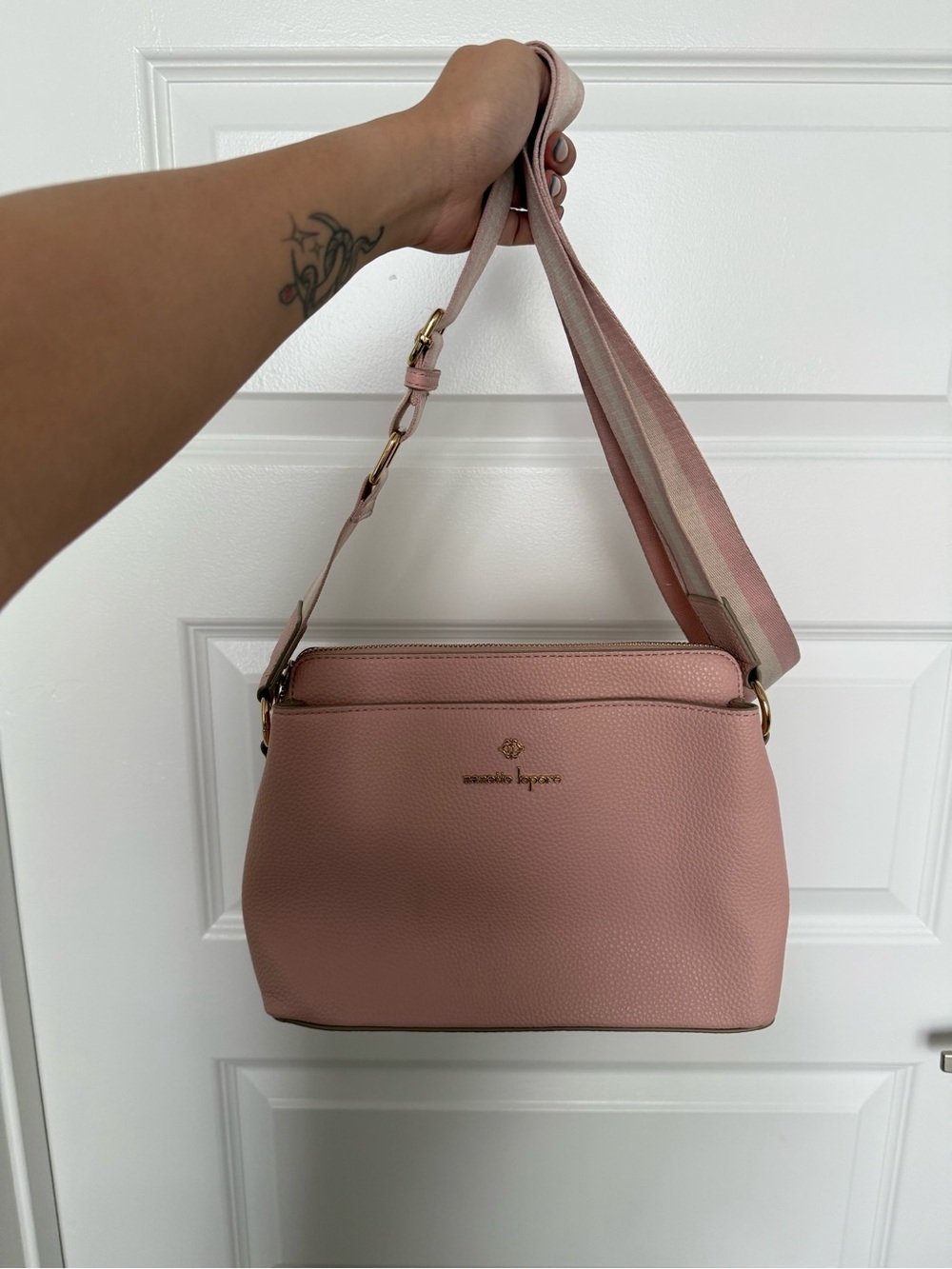 Nanette Lepore Blush Pink Pebbled Leather Crossbody with Striped Strap - Picture 3 of 5